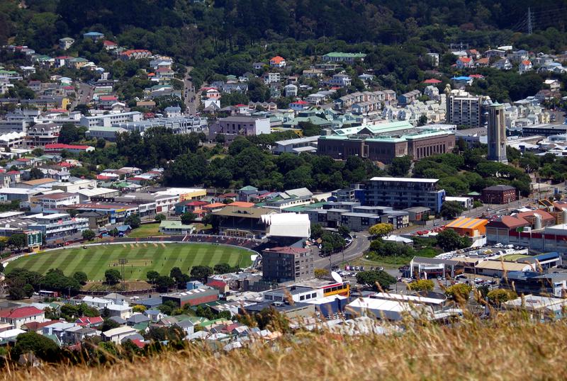 Overlooking the Basin Reserve cricket ground and out to Massey University and the War Memorial: