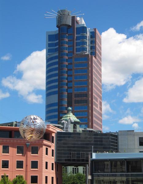 Wellington Icons: the fern ball and the Majestic Centre.