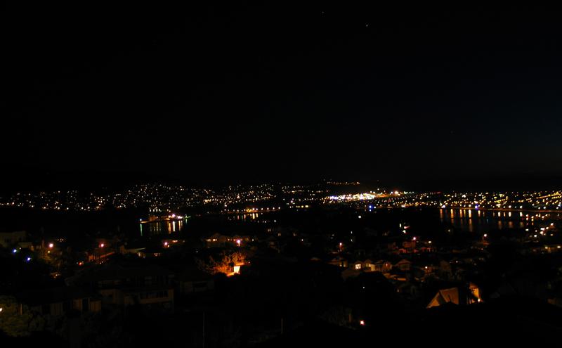 Night over the Eastern suburbs: Hataitai, Miramar, Rongotai, and Lyall Bay.